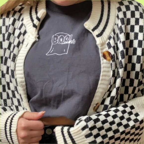 Inner Thoughts Ghost Party "Boo!" Charcoal Grey Tee Shirt - Picture 1 of 6